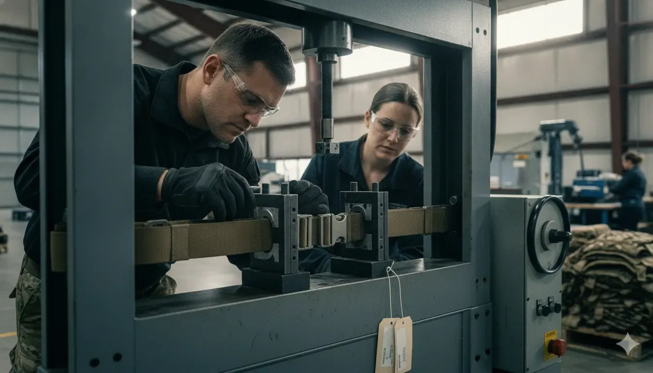 Quality technicians testing a military load bearing belt platform assembly