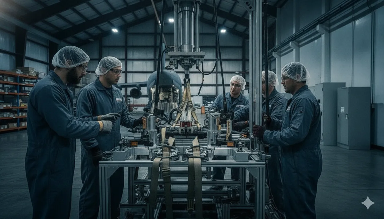 Engineers reviewing a load-testing setup for an integrated safety assembly