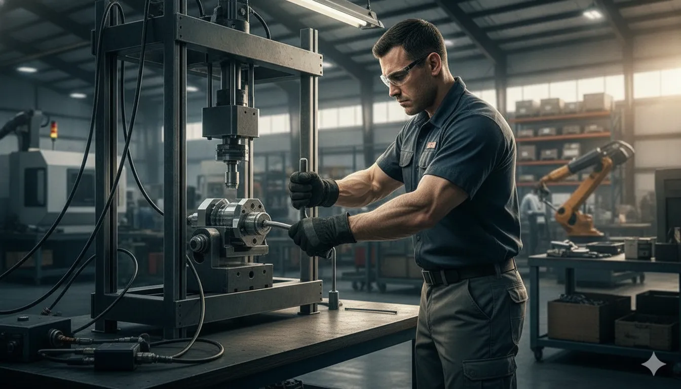 Technician testing a rated load-bearing sample on a U.S. manufacturing floor