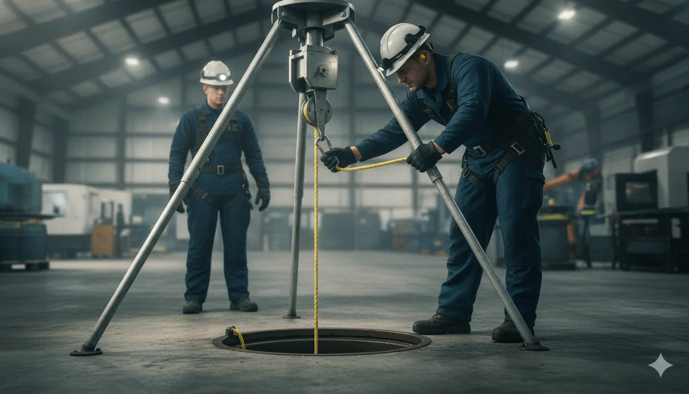 Rescue tripod positioned over an industrial access opening