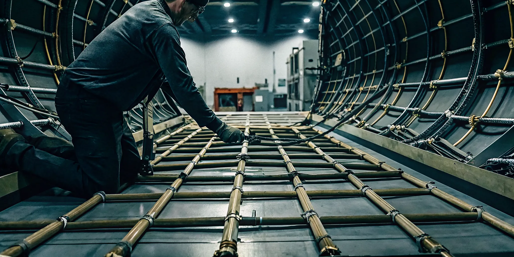 Quality technician inspecting aerospace load-bearing webbing, stitching, connectors, and traceability records during controlled production