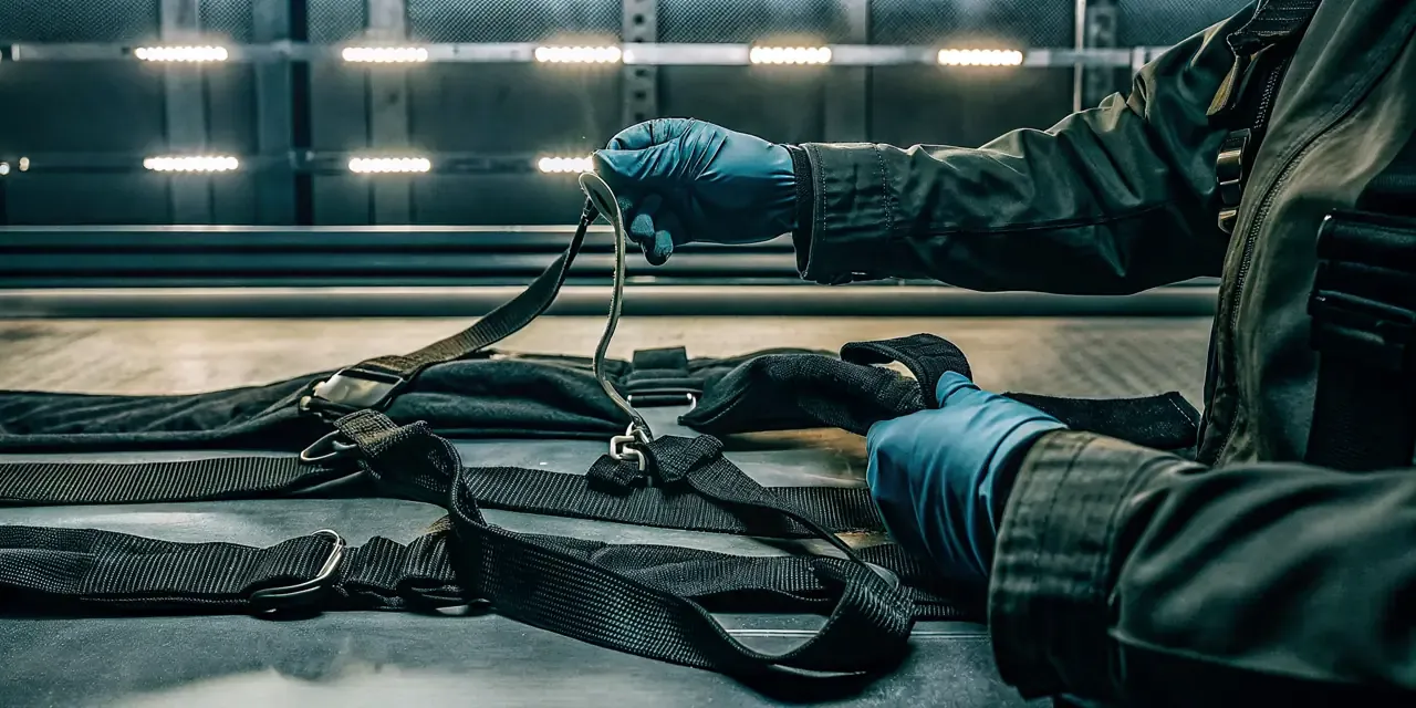 Inspector examining webbing and sewn load paths during tactical load-bearing system inspection