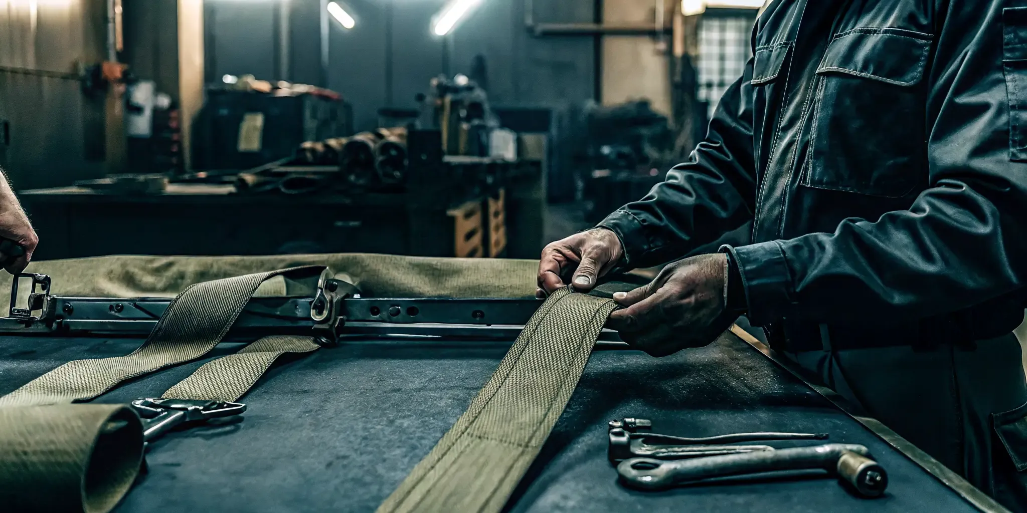 Technician inspecting tactical webbing and hardware at a manufacturing workbench during quality control inspection