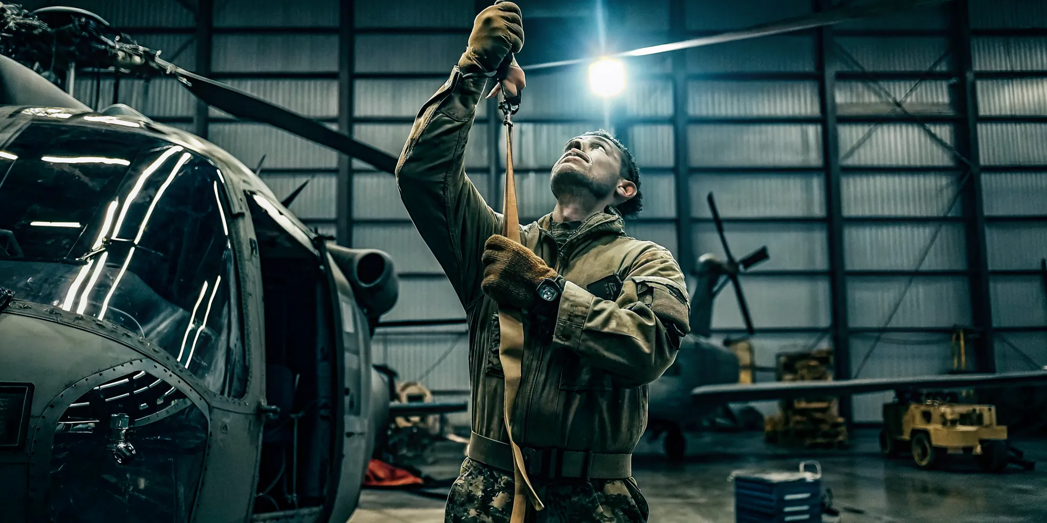 Technician inspecting webbing and hardware on a helicopter retention lanyard in an aviation maintenance workshop