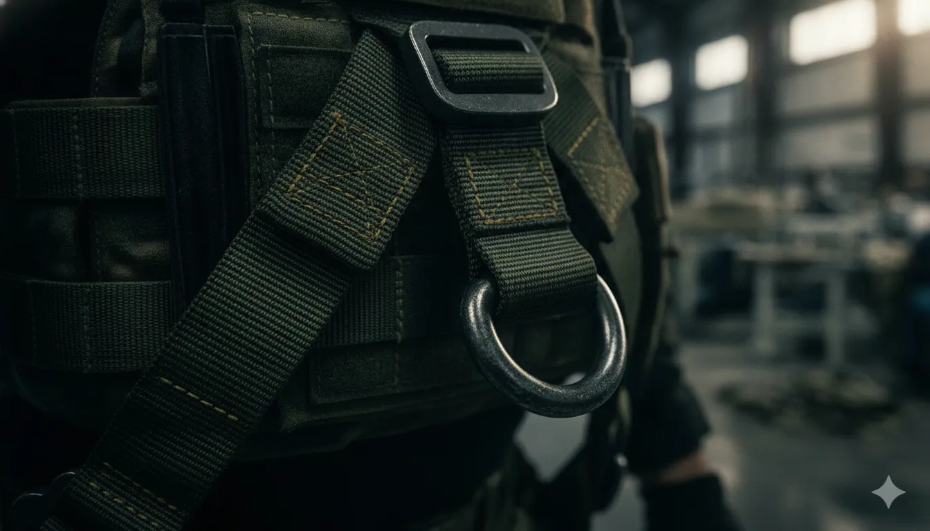 Detail of a load-rated rescue harness showing stitched load-bearing webbing and forged steel attachment hardware