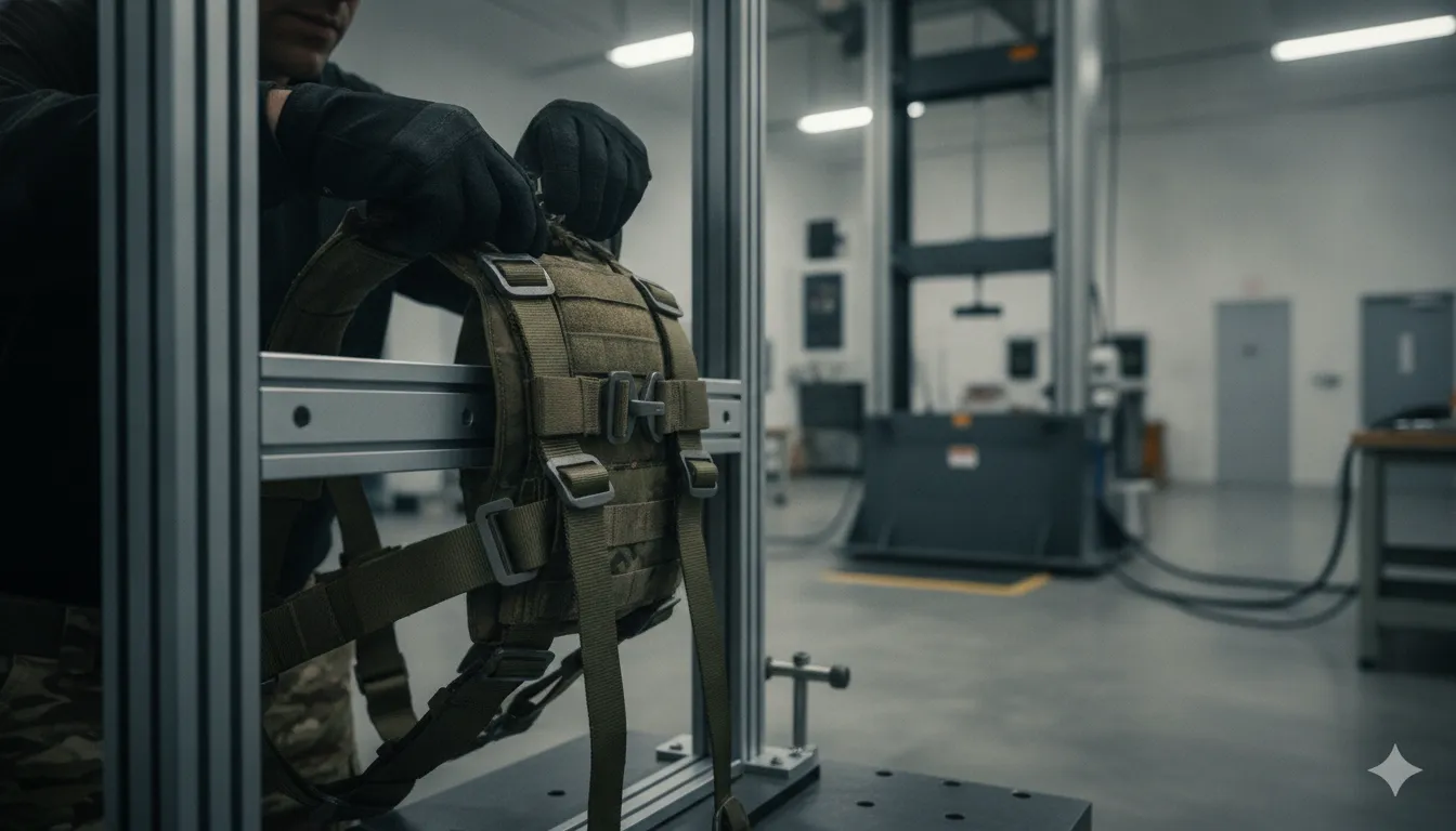 Load-testing a tactical safety harness to verify strength ratings
