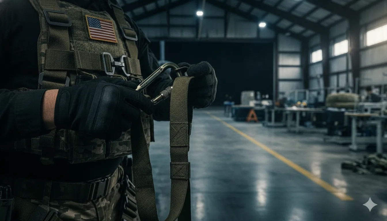 Technician inspecting the webbing and connector of a professional rescue harness in a workshop