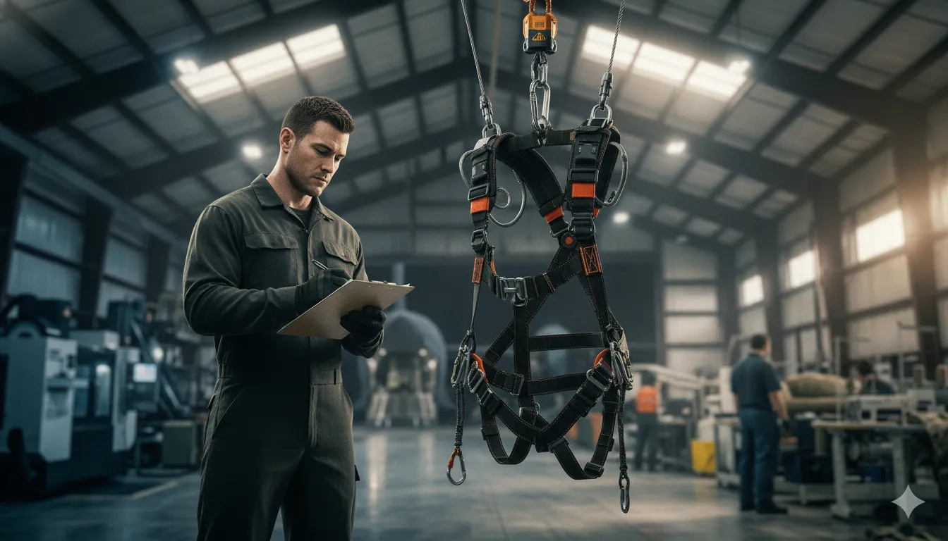 Engineer reviewing military fall protection equipment and technical specifications