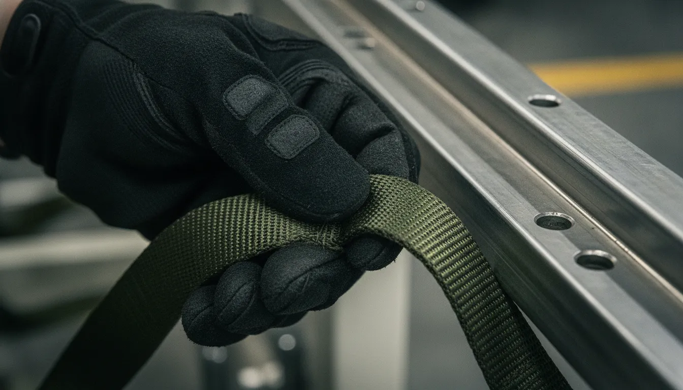 Close view of a worker inspecting U.S.-manufactured fall protection webbing in a factory