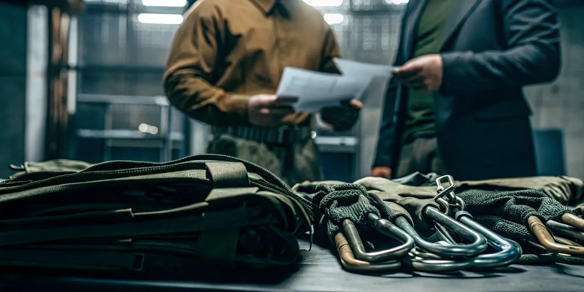 Procurement documents and technical specifications alongside tactical connectors on a professional desk