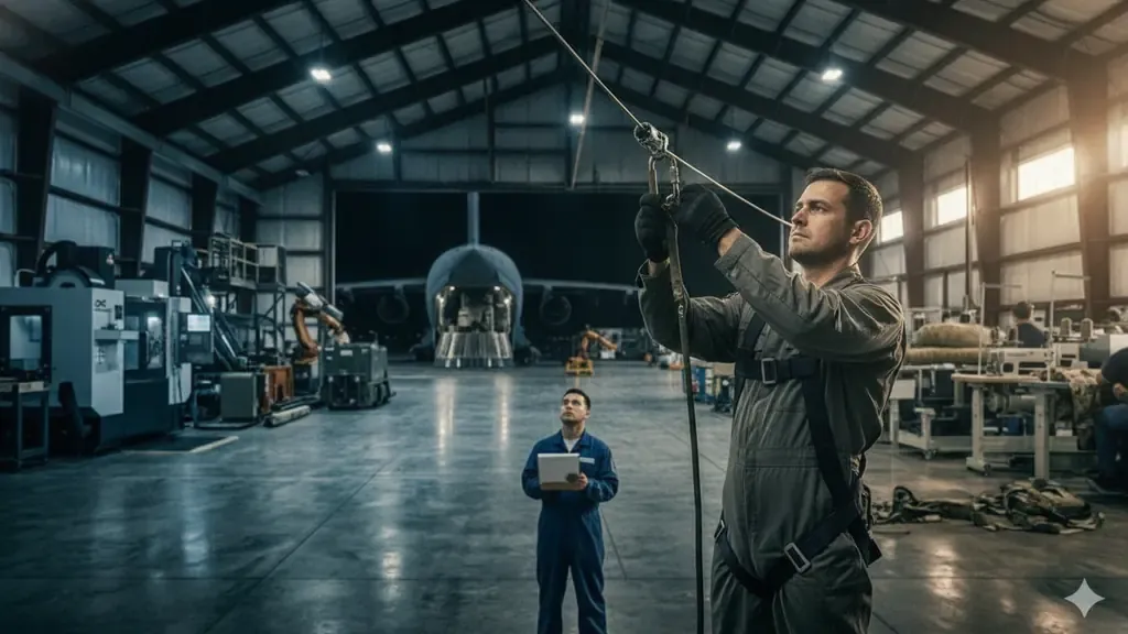 Inspection of an overhead anchor connection in an aircraft hangar fall protection system