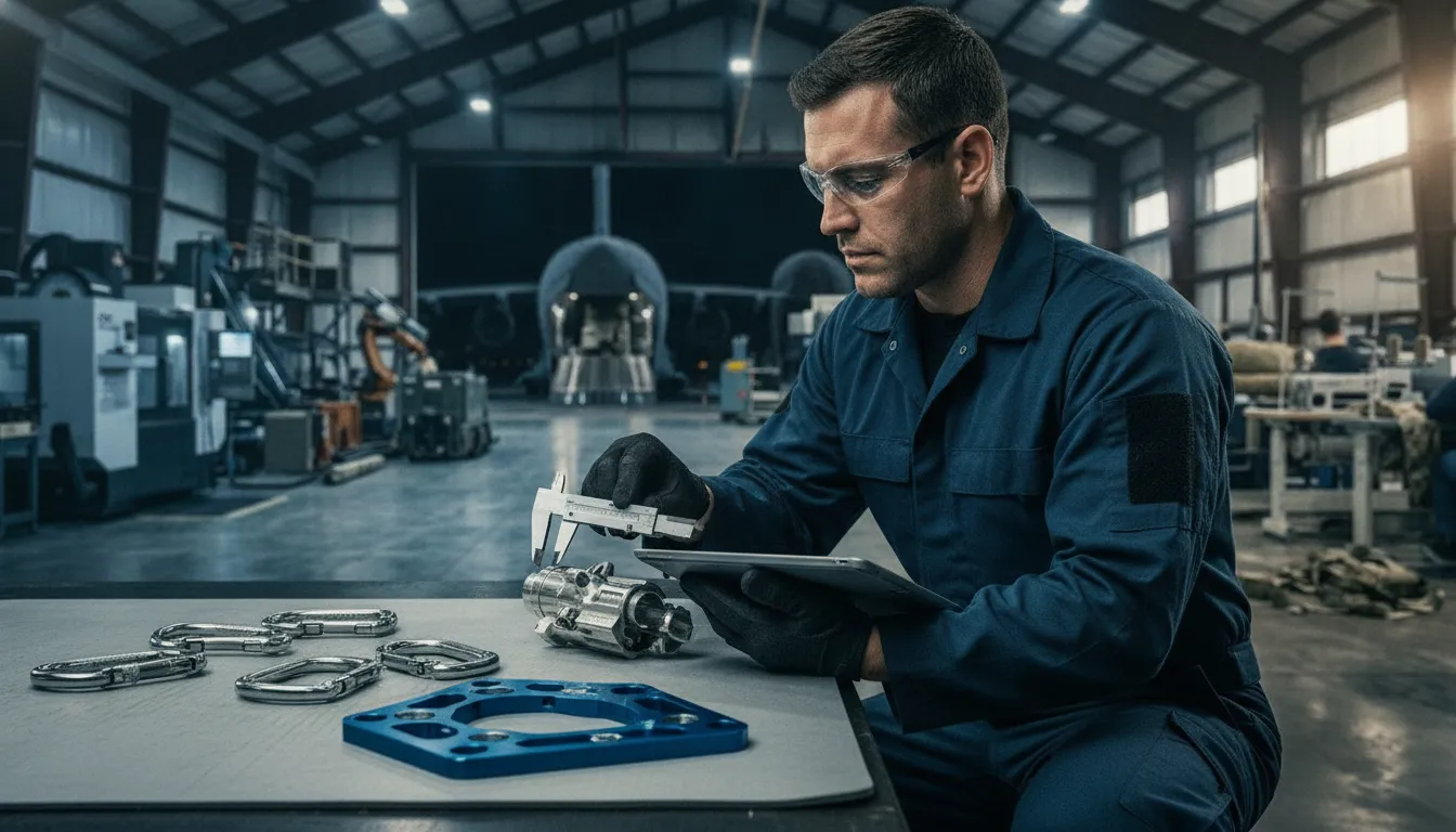 Quality engineer reviewing rescue anchor system inspection records beside rated hardware