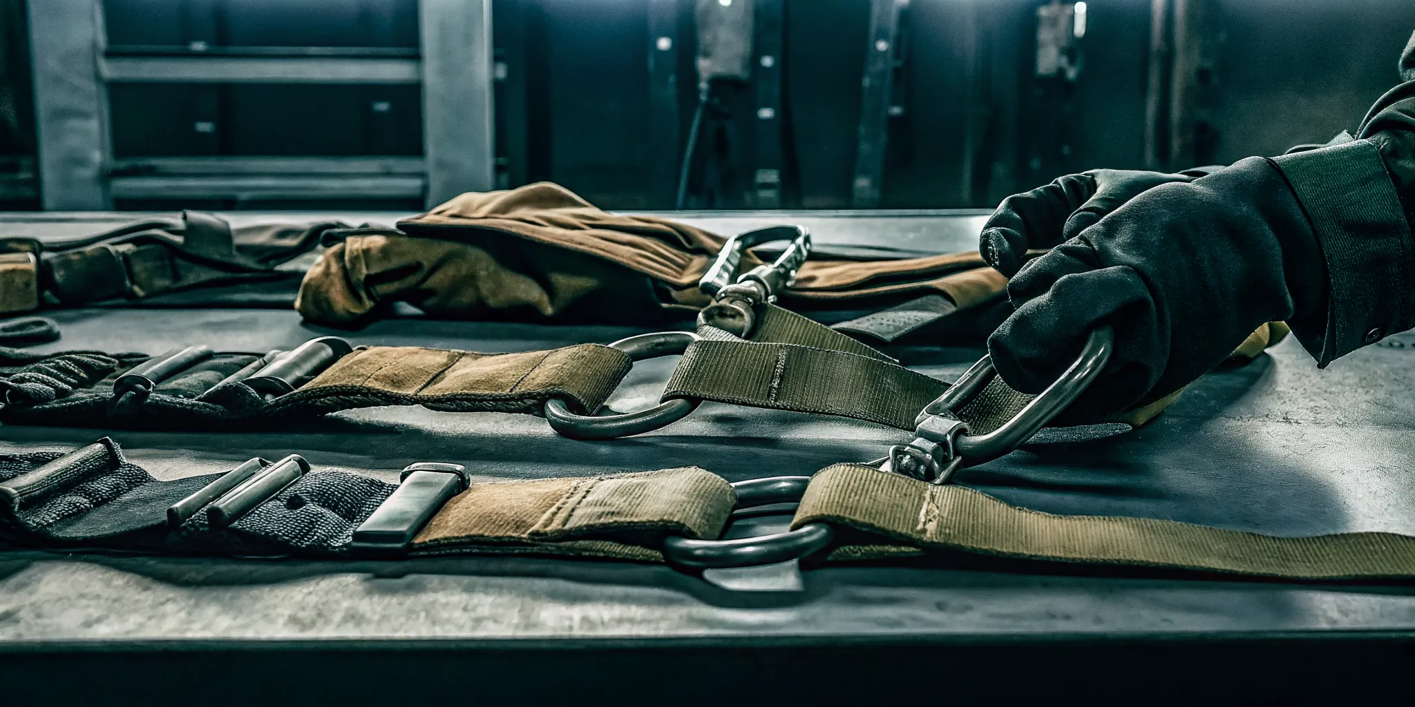 Technician inspecting tactical harness D-ring buckle and connector hardware