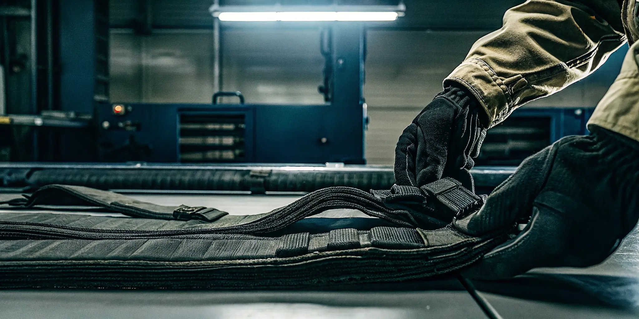 Technician bending tactical harness webbing during a fall protection harness inspection