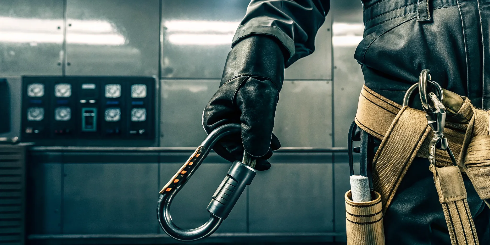 Technician inspecting a tactical carabiner and load-rated webbing during manufacturing quality control