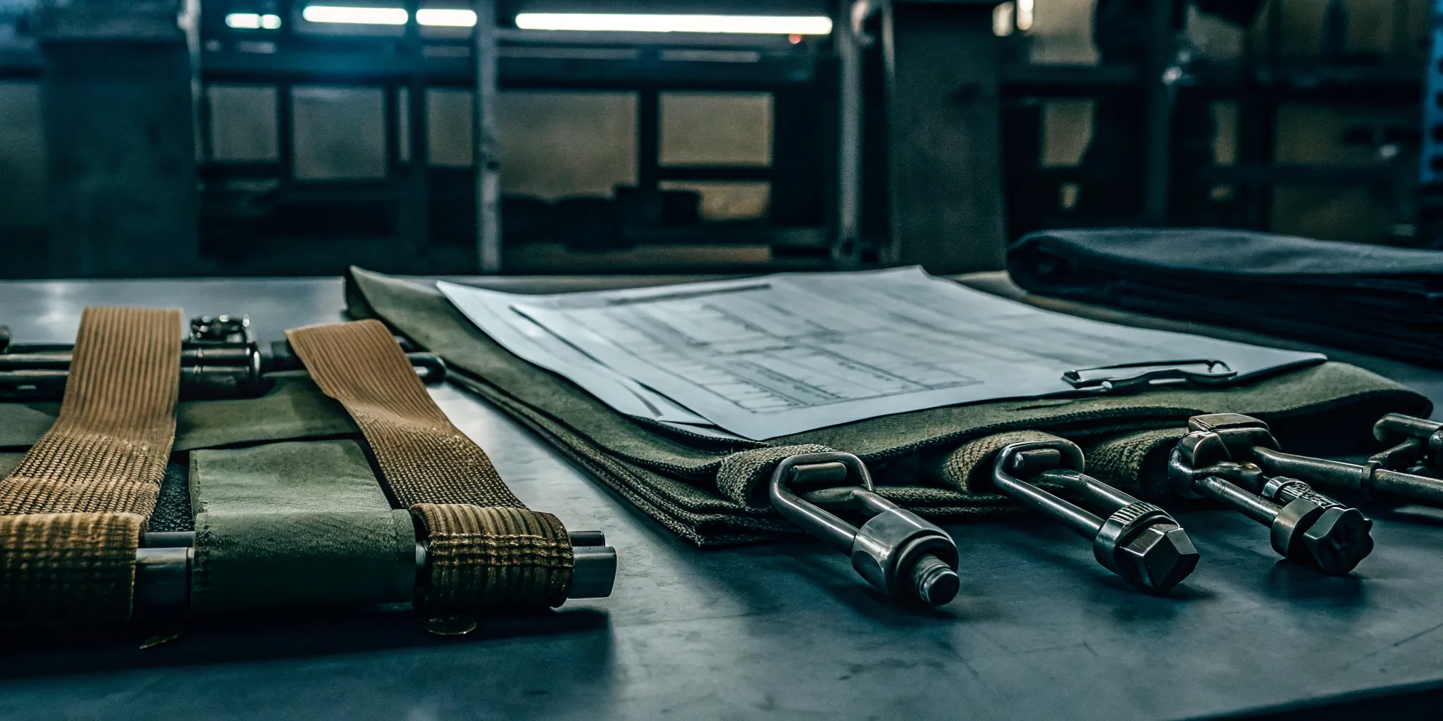 Procurement and engineering documents alongside rated tactical hardware on a workbench