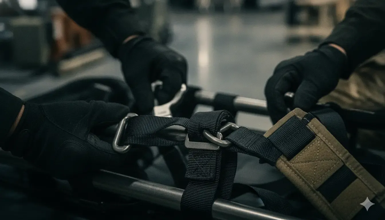 Rescue litter handle and carrying harness interface with webbing and metal attachment hardware
