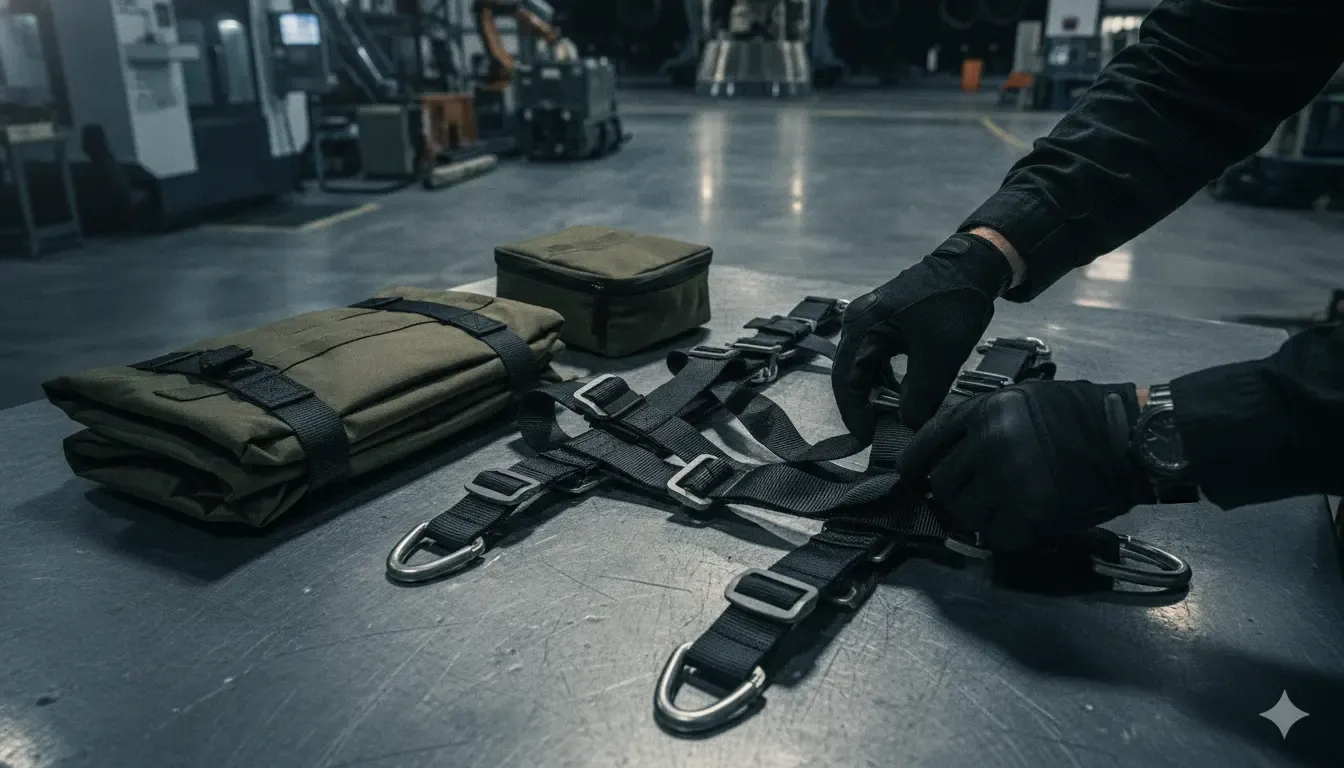Portable stretcher and litter carrying harness staged for a pre-deployment inspection