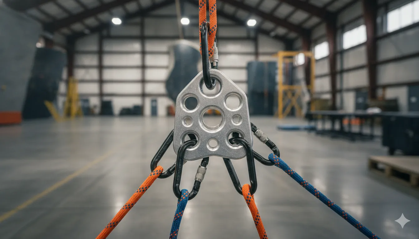 Rated aluminum rigging plate connected to rescue connectors in a controlled load path
