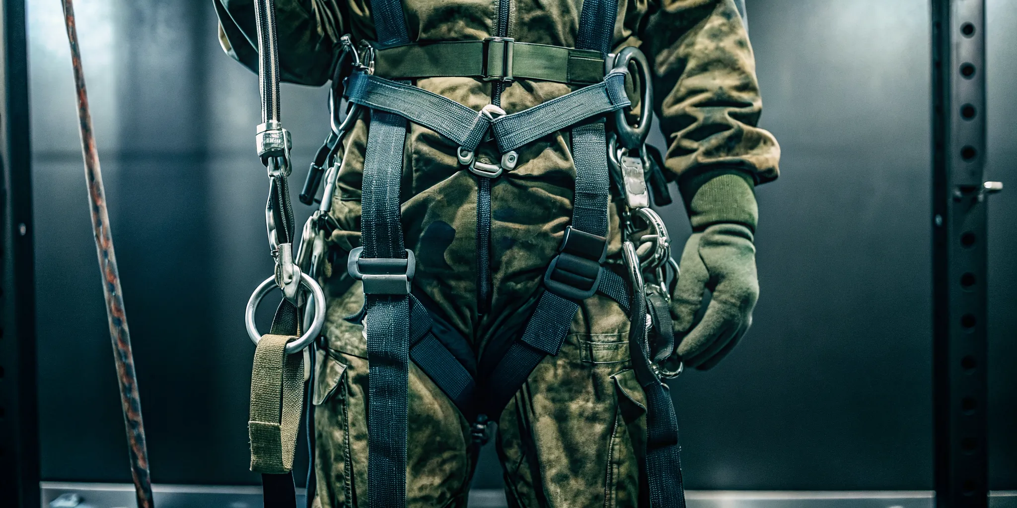 Military rappelling harness and compatible rated hardware arranged for procurement qualification and inspection