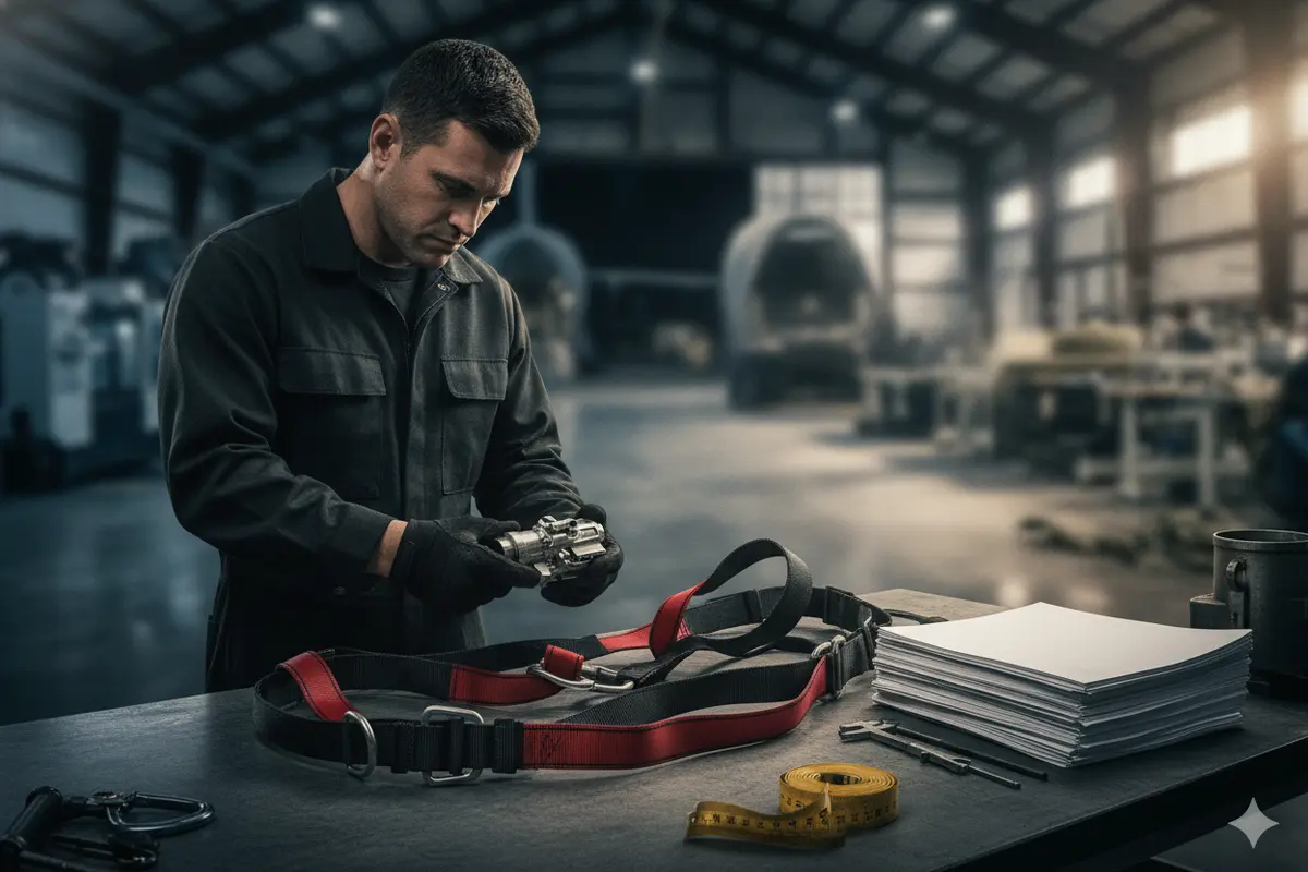 Procurement professional reviews a rescue harness and acceptance documentation