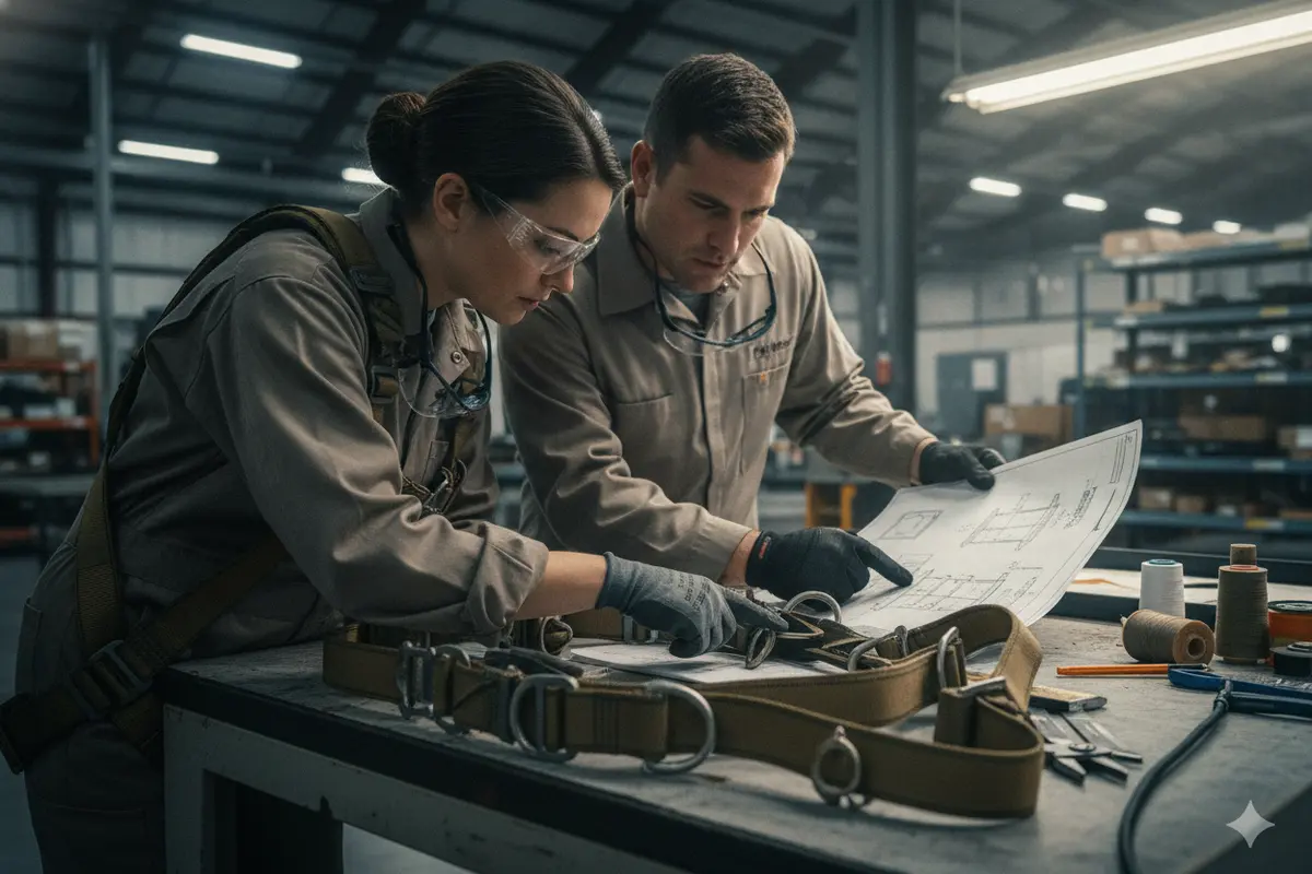 Procurement specialist checking safety equipment against technical documentation
