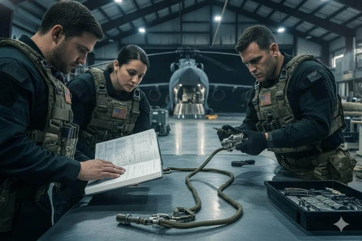 Procurement team reviewing crew retention hardware and an inspection record in an aircraft maintenance facility