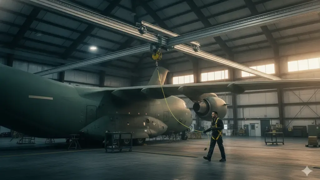 Overhead rigid rail and trolley architecture for aircraft hangar fall protection systems