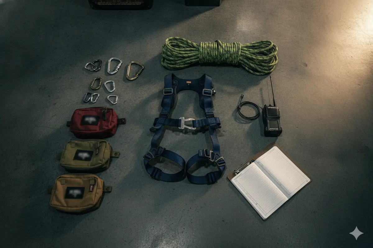 Rescue equipment and inspection records arranged for a team readiness review