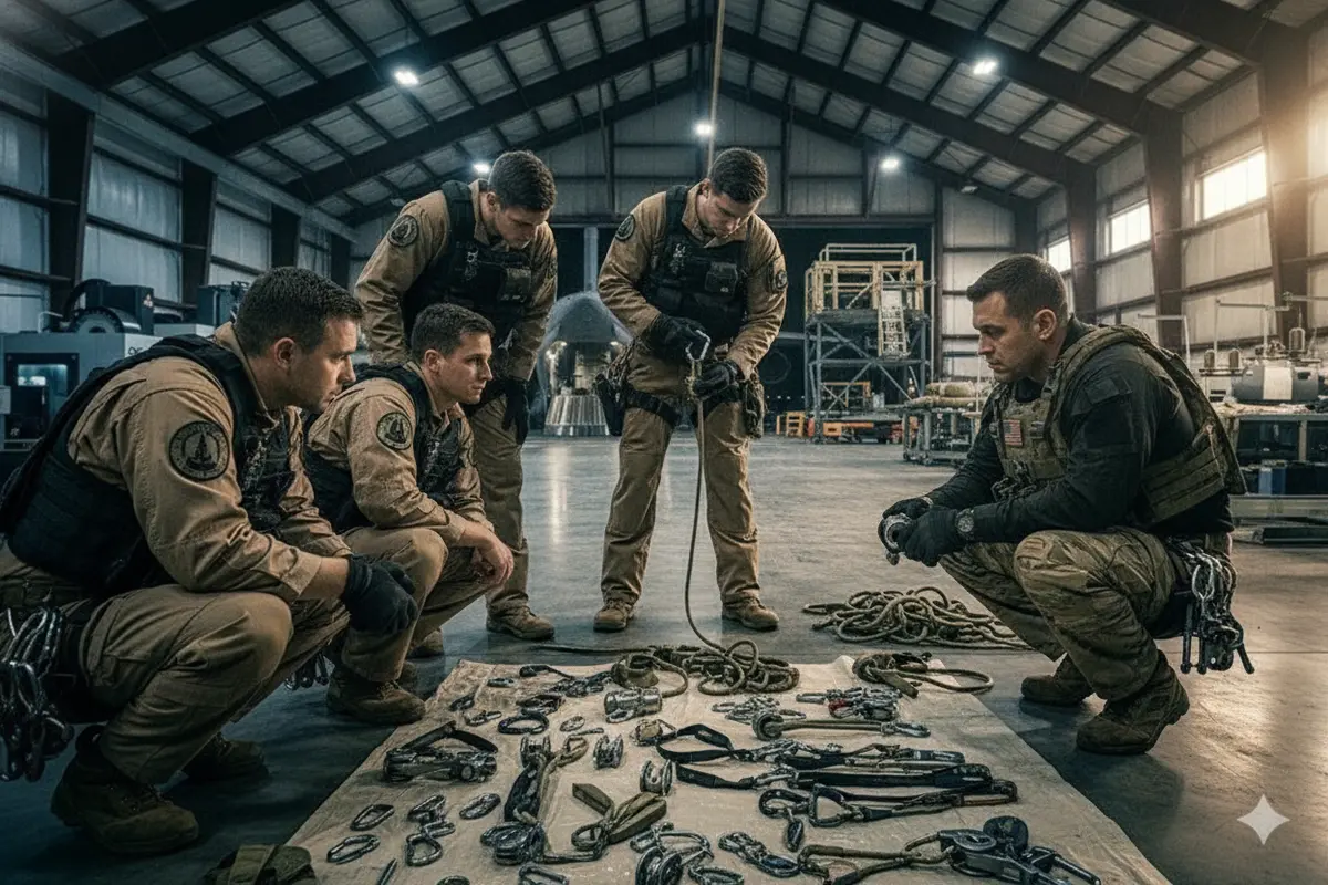 Rescue instructor briefs a team on roles and equipment before a controlled training exercise