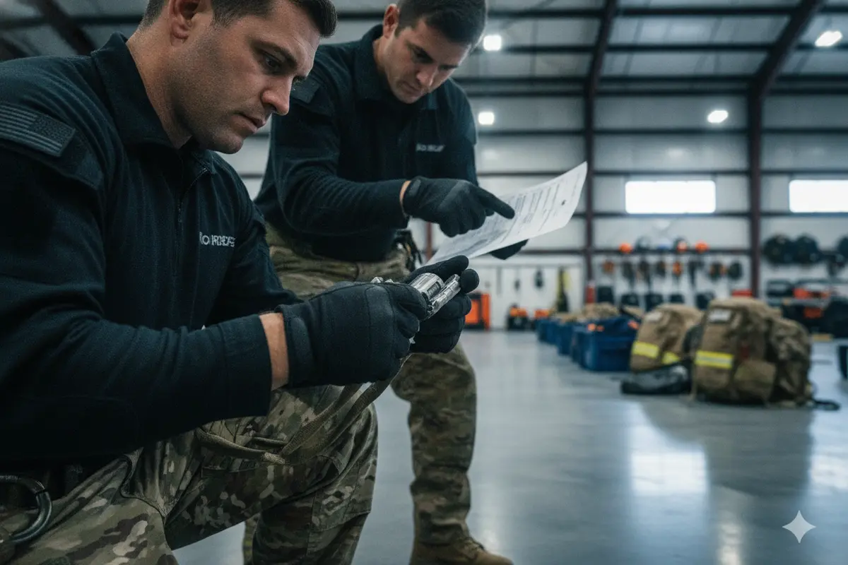 Rescue personnel checking harness and connector interfaces against a system checklist