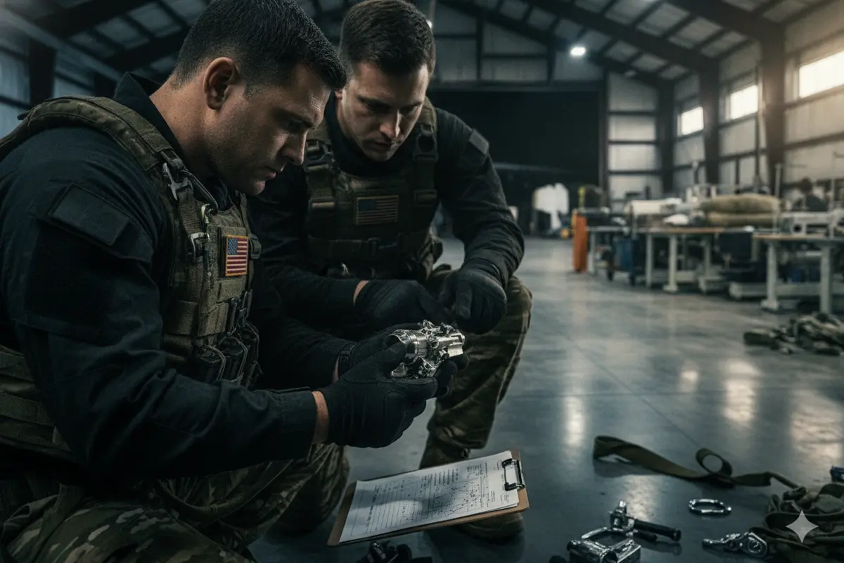 Rescue professionals checking a harness and connector interface against a configuration record