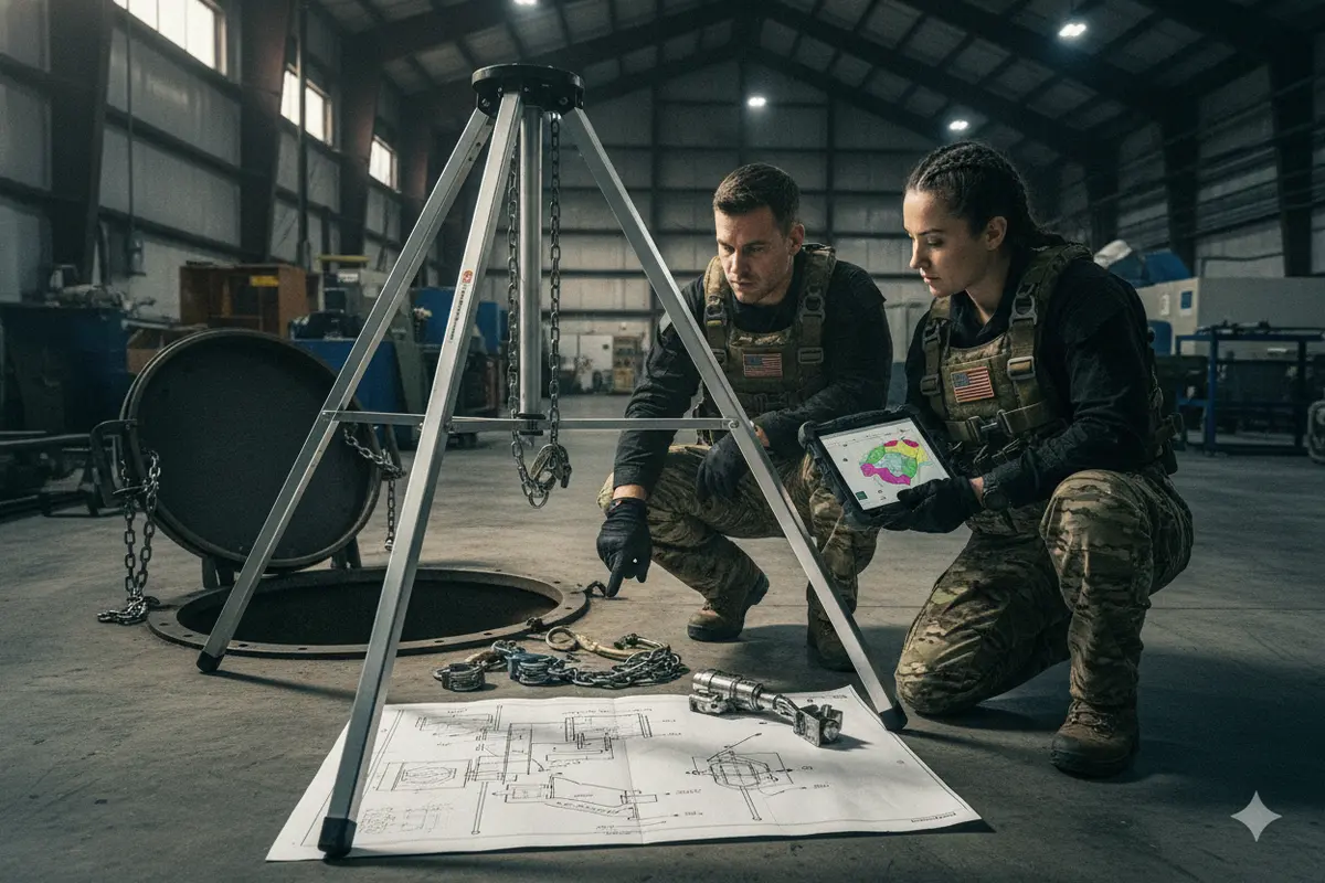 Rescue program staff reviewing tripod equipment and records near an access opening