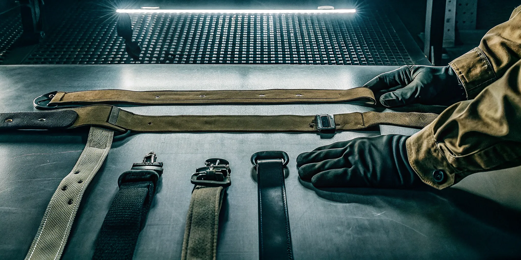 Technician inspecting rigger belt stitching and rated buckle hardware