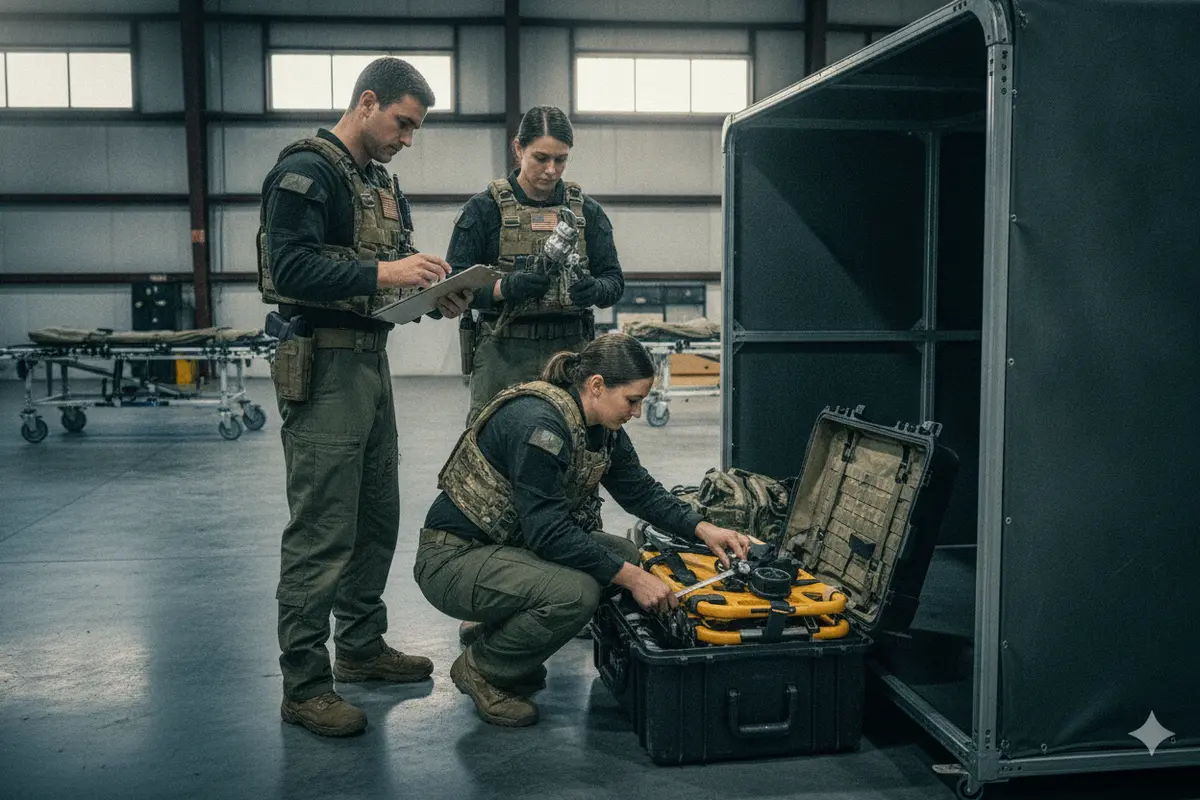 Team members comparing a patient transport equipment configuration with a checklist and vehicle storage dimensions