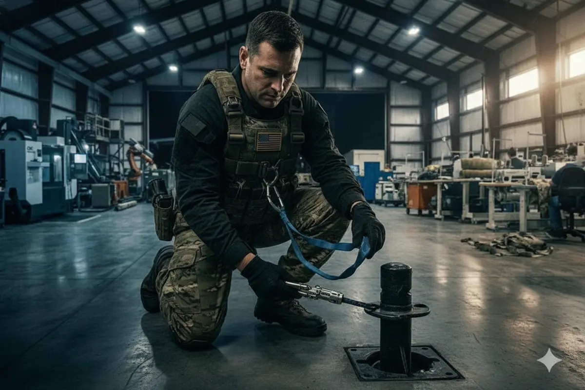 Technical reviewer traces the connection from a safety harness through compatible rated hardware to an approved attachment point