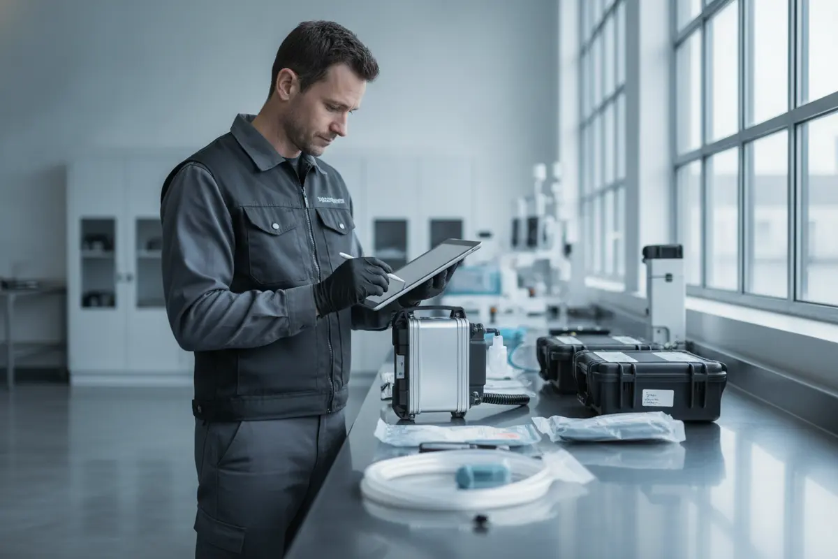 Technician inspecting a documented equipment package and recording acceptance checks before deployment