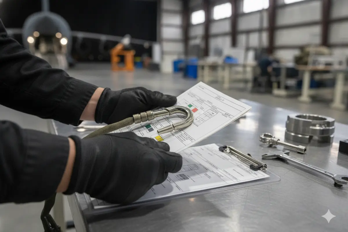 Technician matching an aerospace safety component to its serialized inspection and repair record