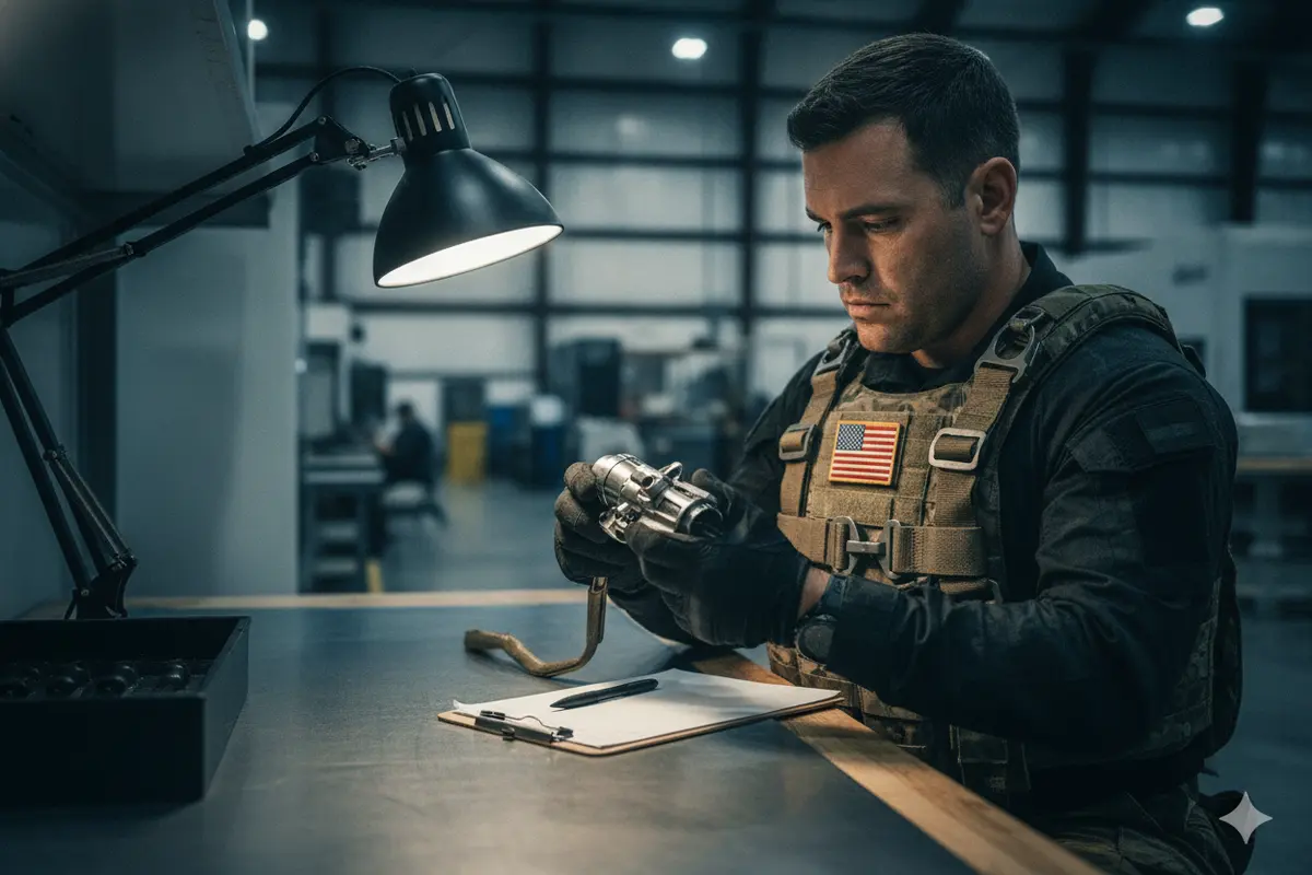 Technician recording an inspection of tactical safety equipment against a controlled checklist