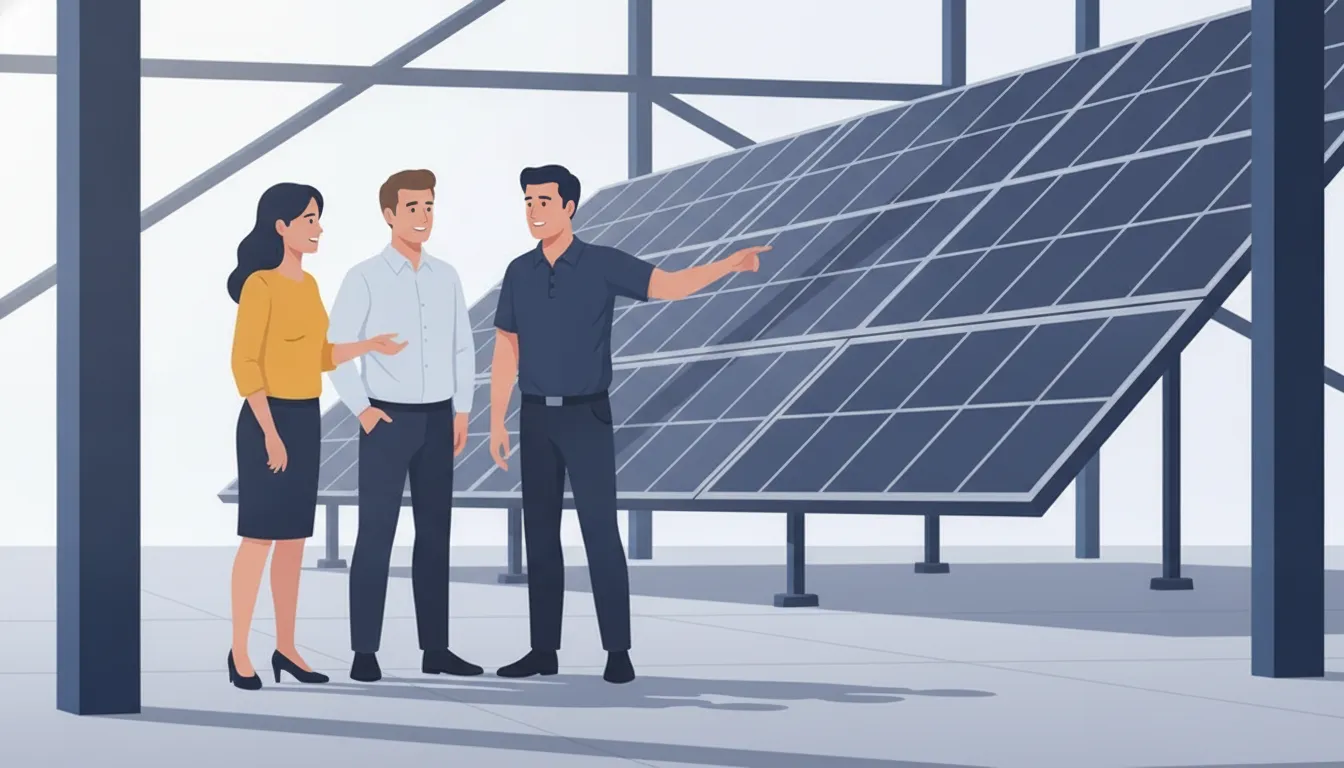 Business owners discussing a commercial solar proposal with a solar consultant