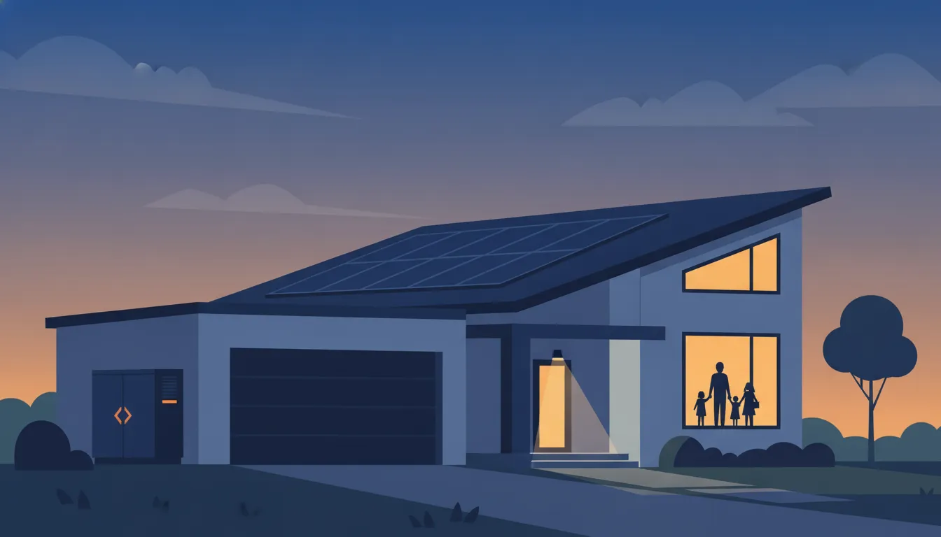 Modern California home at dusk with rooftop solar panels and a wall-mounted home battery
