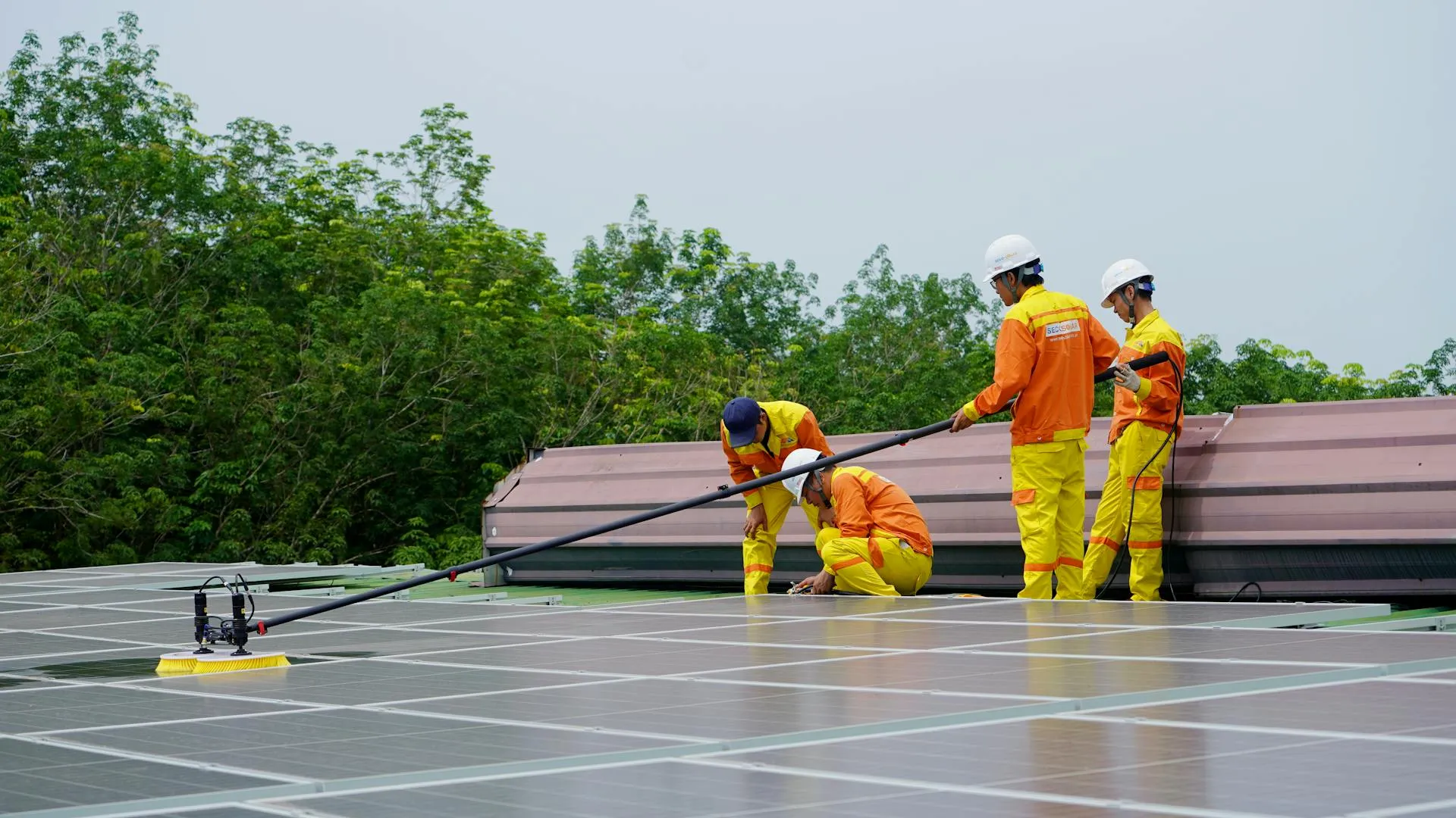 Workers cleaning solar panels on a rooftop with brushes and water on a sunny day