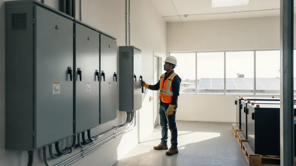 Installer inspecting commercial battery storage equipment for a California business