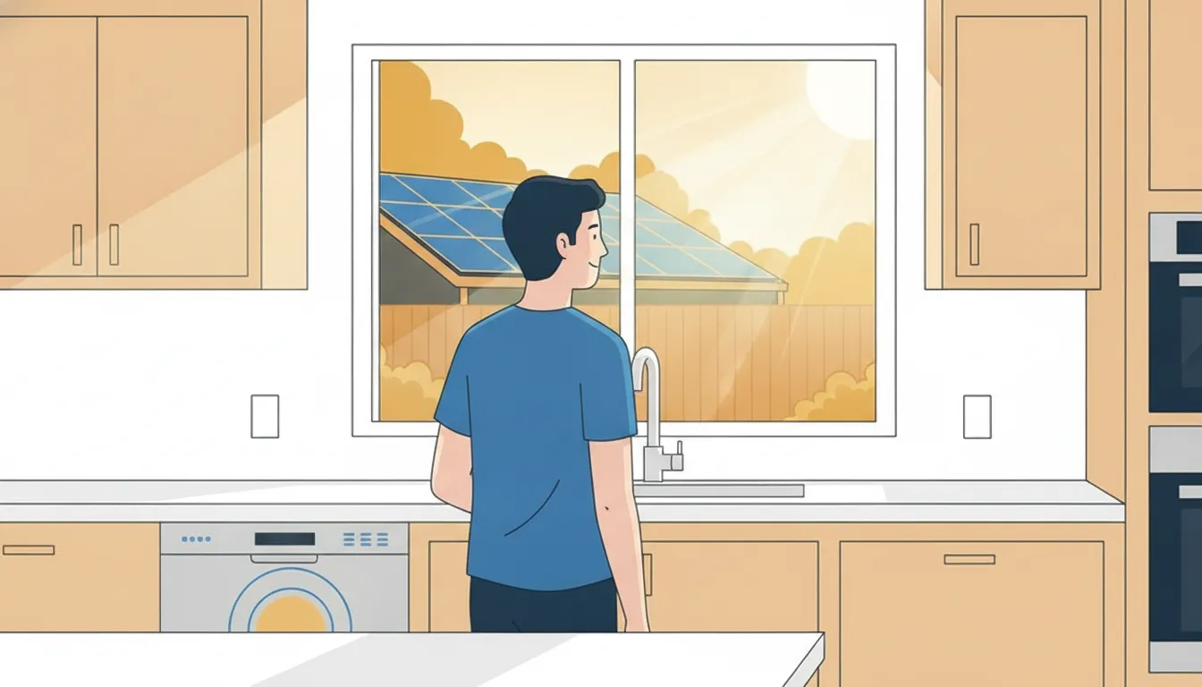 California homeowner in a bright kitchen with solar panels visible in the backyard outside the window