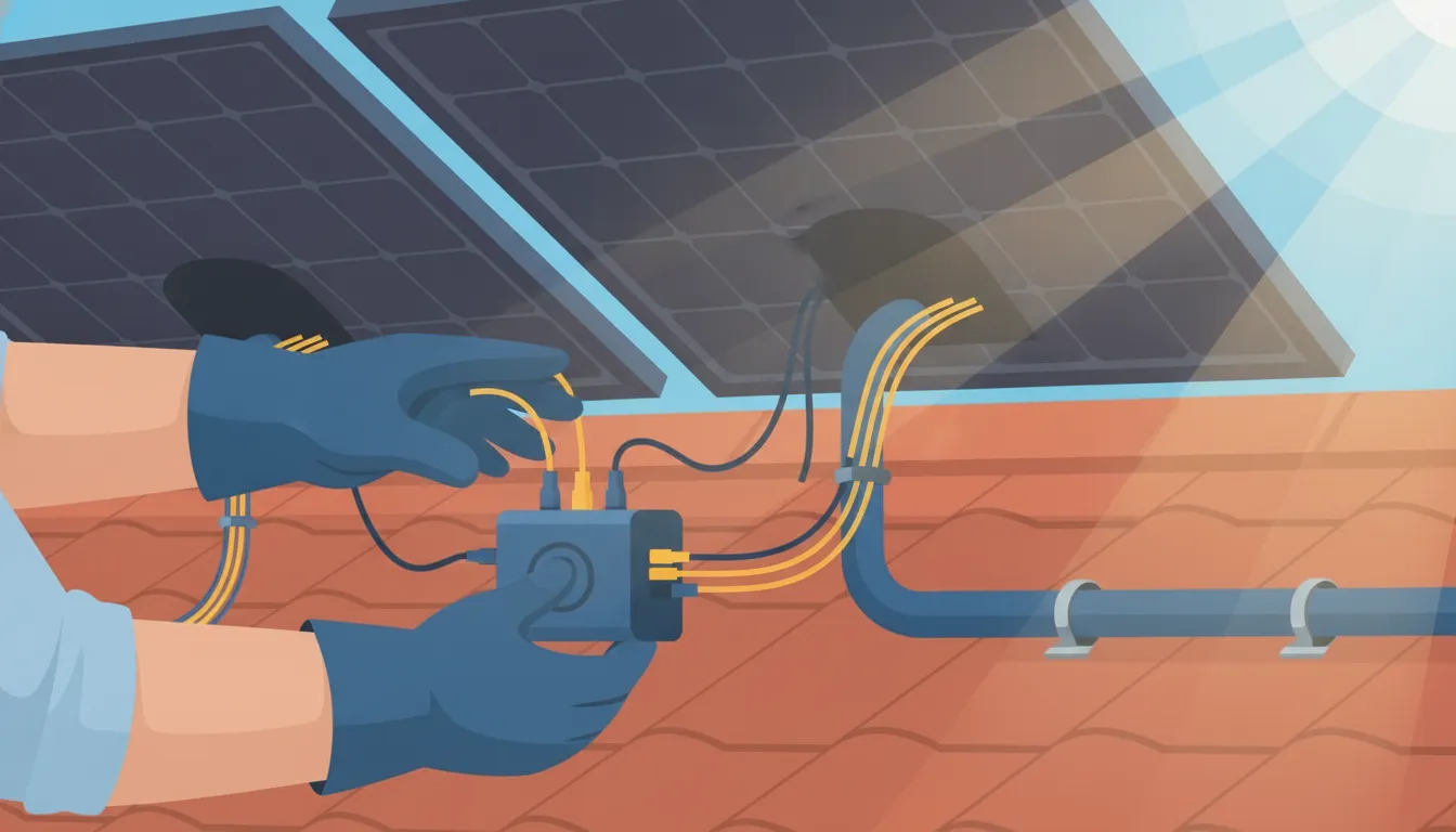 Solar technician inspecting the wiring and junction box beneath rooftop solar panels during a repair