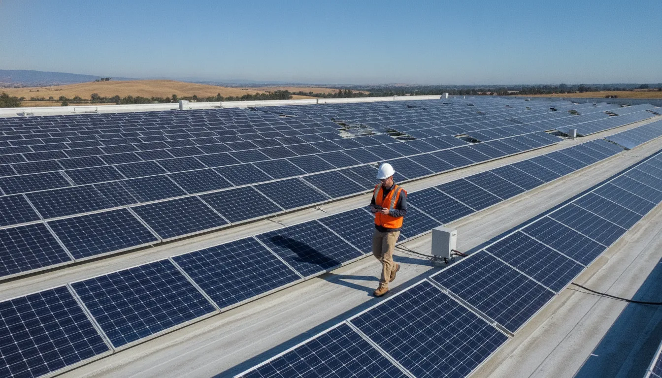 Commercial rooftop solar panels installed on a California warehouse for a business solar tax credit project
