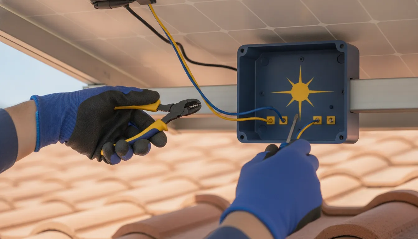 Solar technician inspecting electrical wiring under a rooftop panel