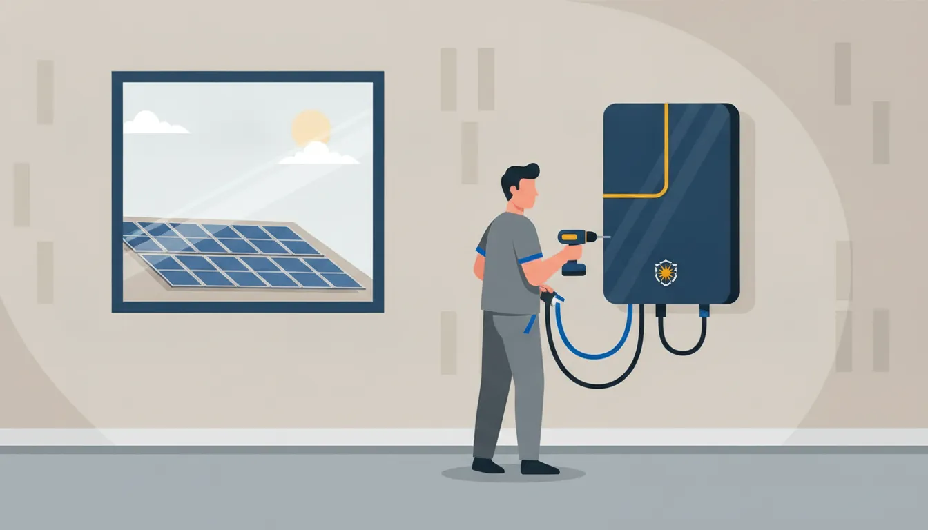 Technician installing a wall-mounted home battery unit in a California garage