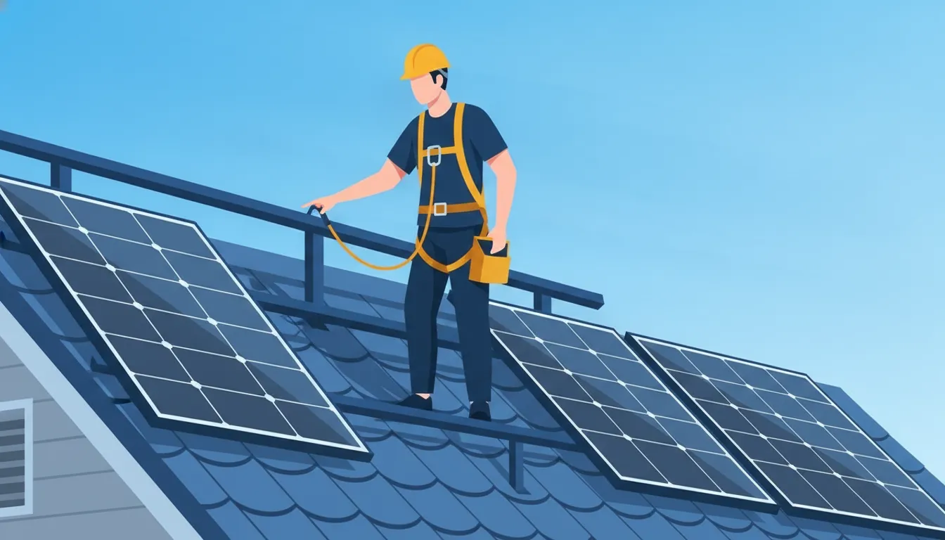 Solar technician checking mounting rack and fasteners on a rooftop array