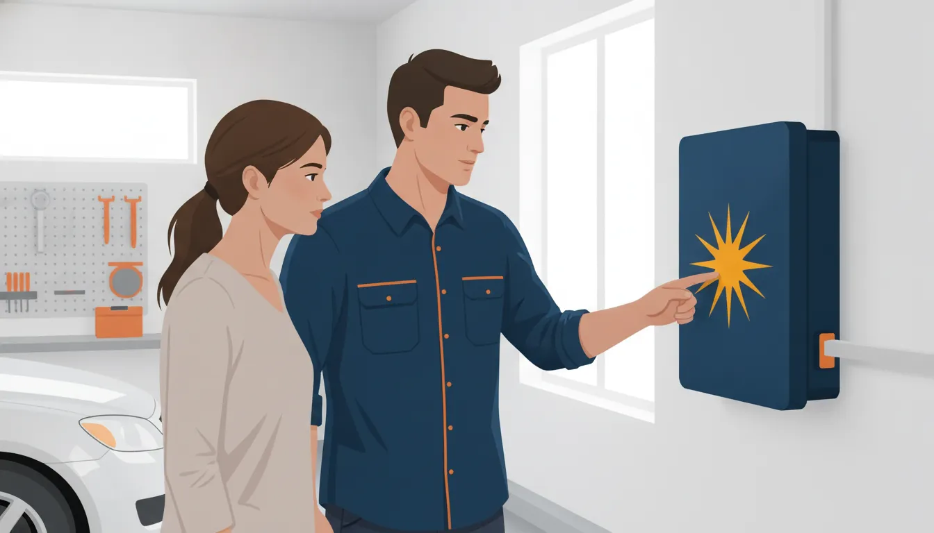 Solar installer showing a homeowner a wall-mounted energy storage unit